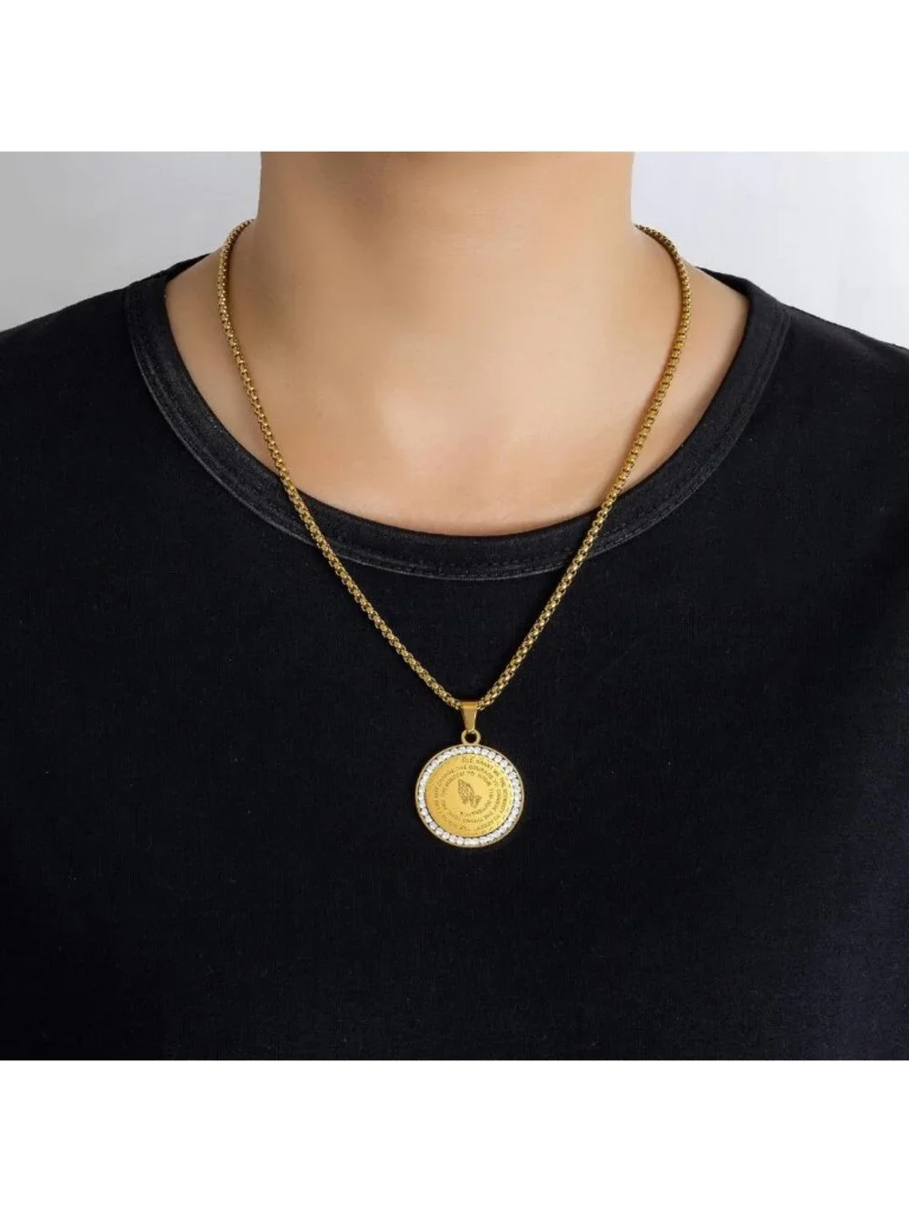 Stainless Steel Serenity Prayer Necklace with Praying Hands Coin Pendant for All